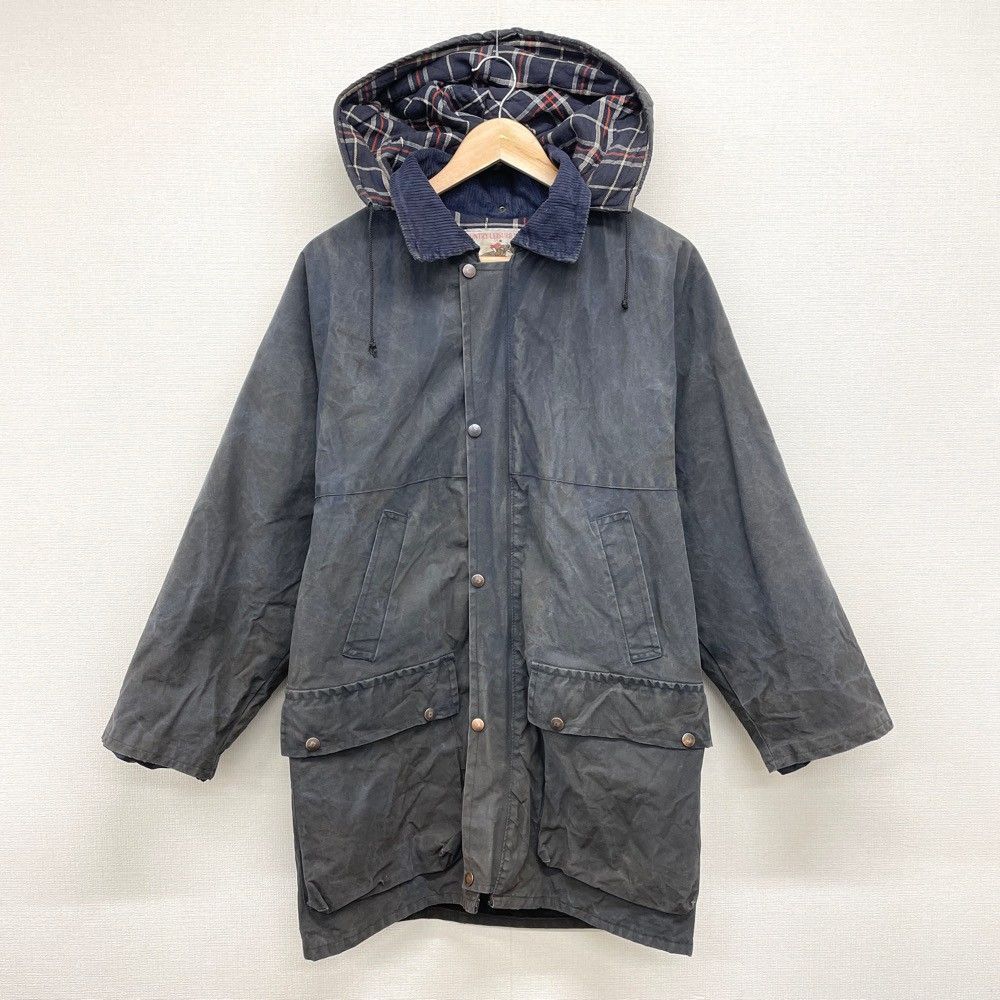 COUNTRY LEISURE WEAR オイルドジャケット フード付き 裏キルティング 襟コーデュロイ 長袖 サイズ：S ネイビー系 MADE IN ENGLAND