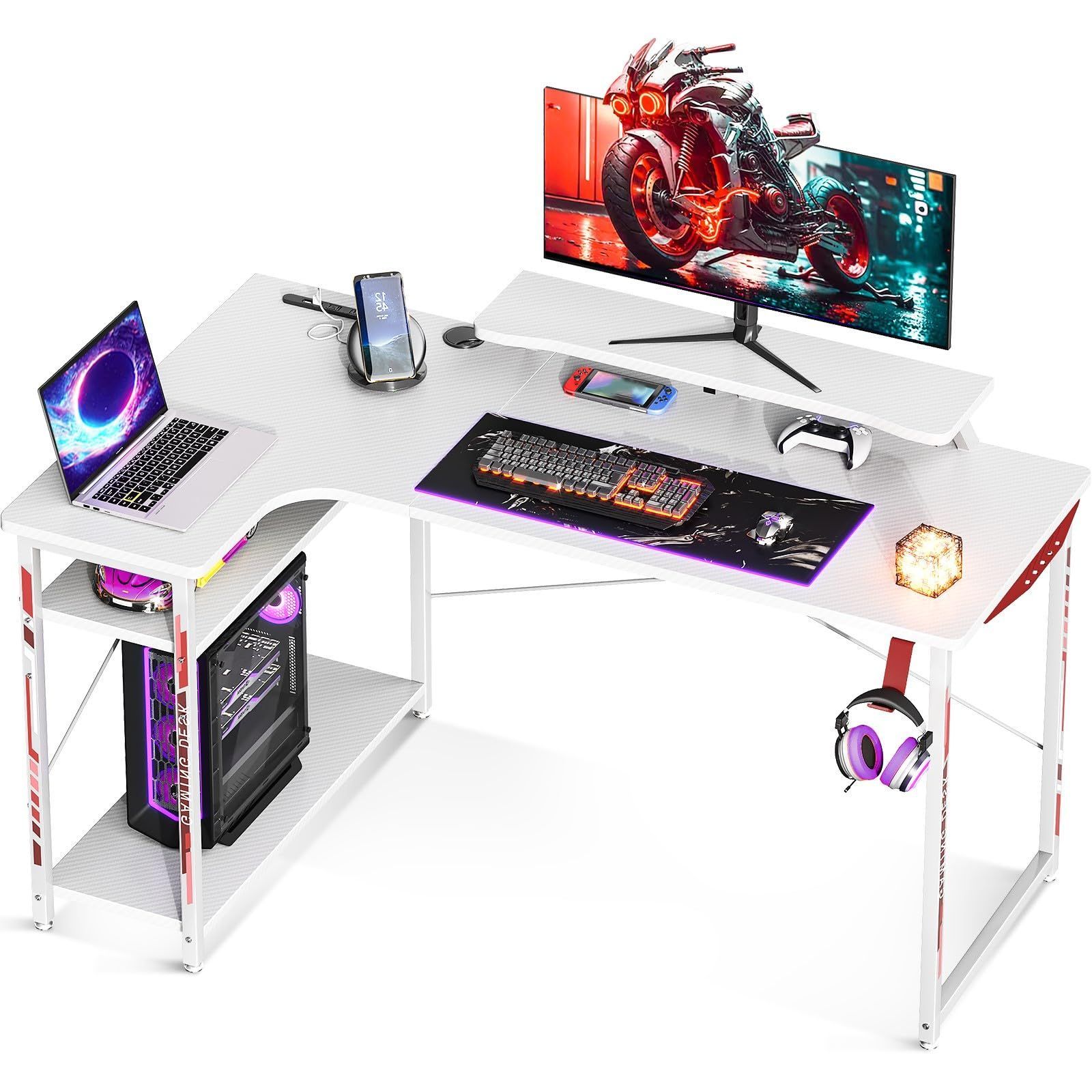 商品 パソコンデスク 幅130 l字 コンセント付き pcデスク デスク ゲーミングデスク 机 ラック付き desk 収納 ODK 組立簡単 左棚 White