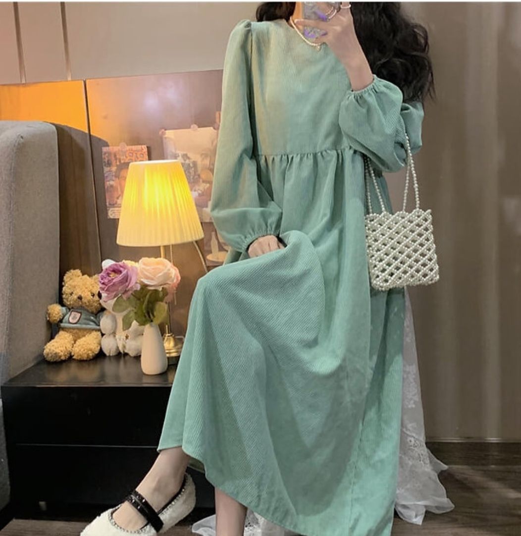 ミントグリーンコーデュロイ長袖ワンピース - メルカリ