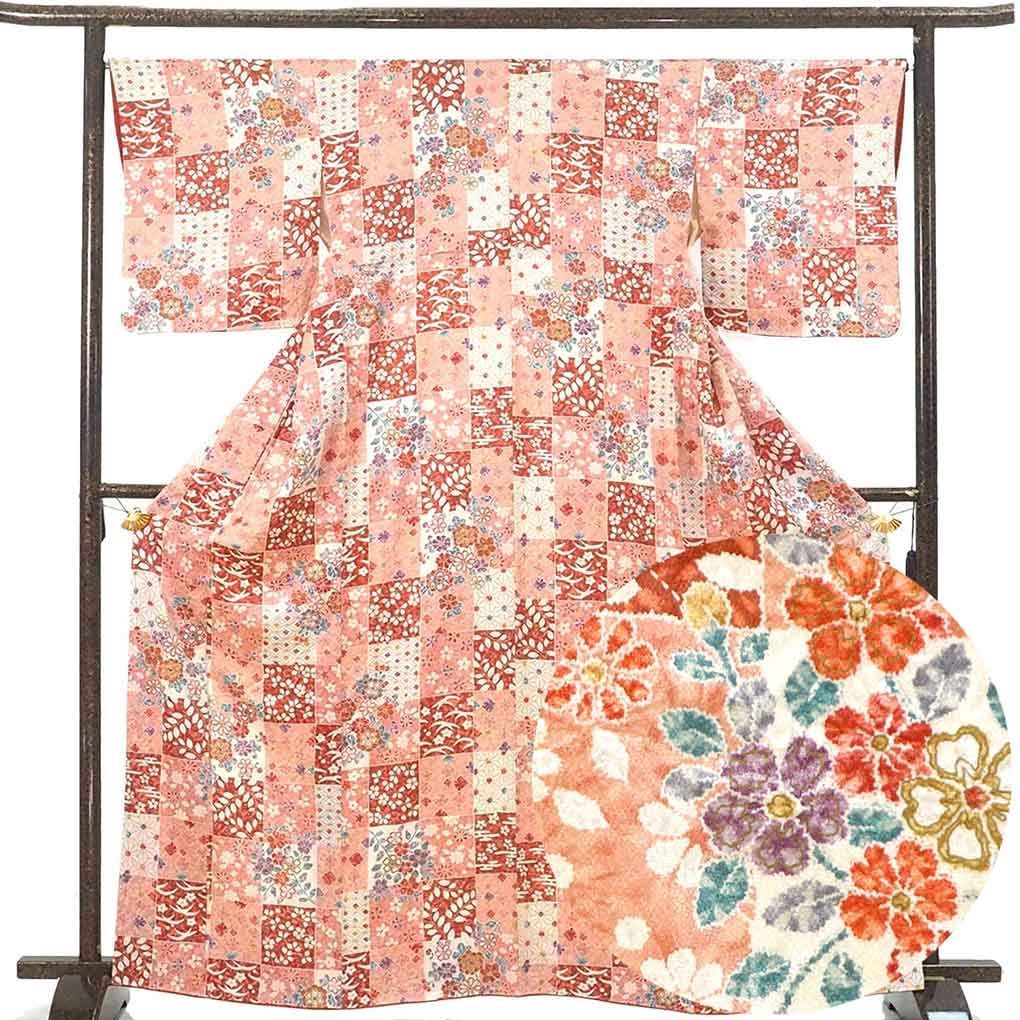 小紋 身丈165cm 裄67cm 前幅23.5cm 後幅30cm 袖丈49cm 袖幅33.5cm レディース 袷 花柄 裄長 裄Lサイズ 秋冬春用 正絹 シルク ピンク トールサイズ リメイク リユース リサイクル 呉服のきくや
