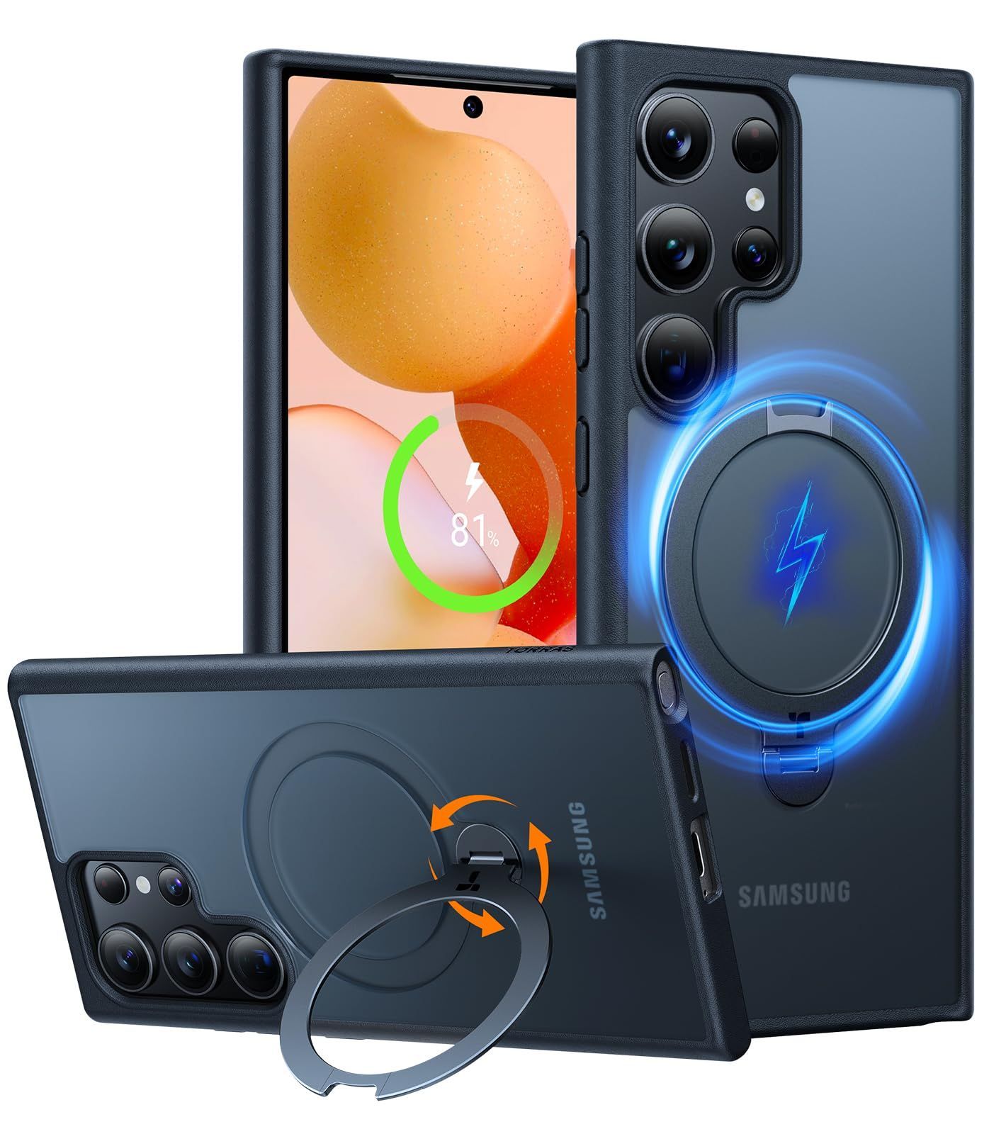 TORRAS Galaxy S24 Ultra 用 ケース【ゼンマイ式スタンド】耐衝撃 縦横両対応 マグネット搭載 MagSafe対応 米軍MIL規格耐衝撃 リング 指紋防止 黄変防止 ギャラクシーs24 ultra ケース galaxy s24