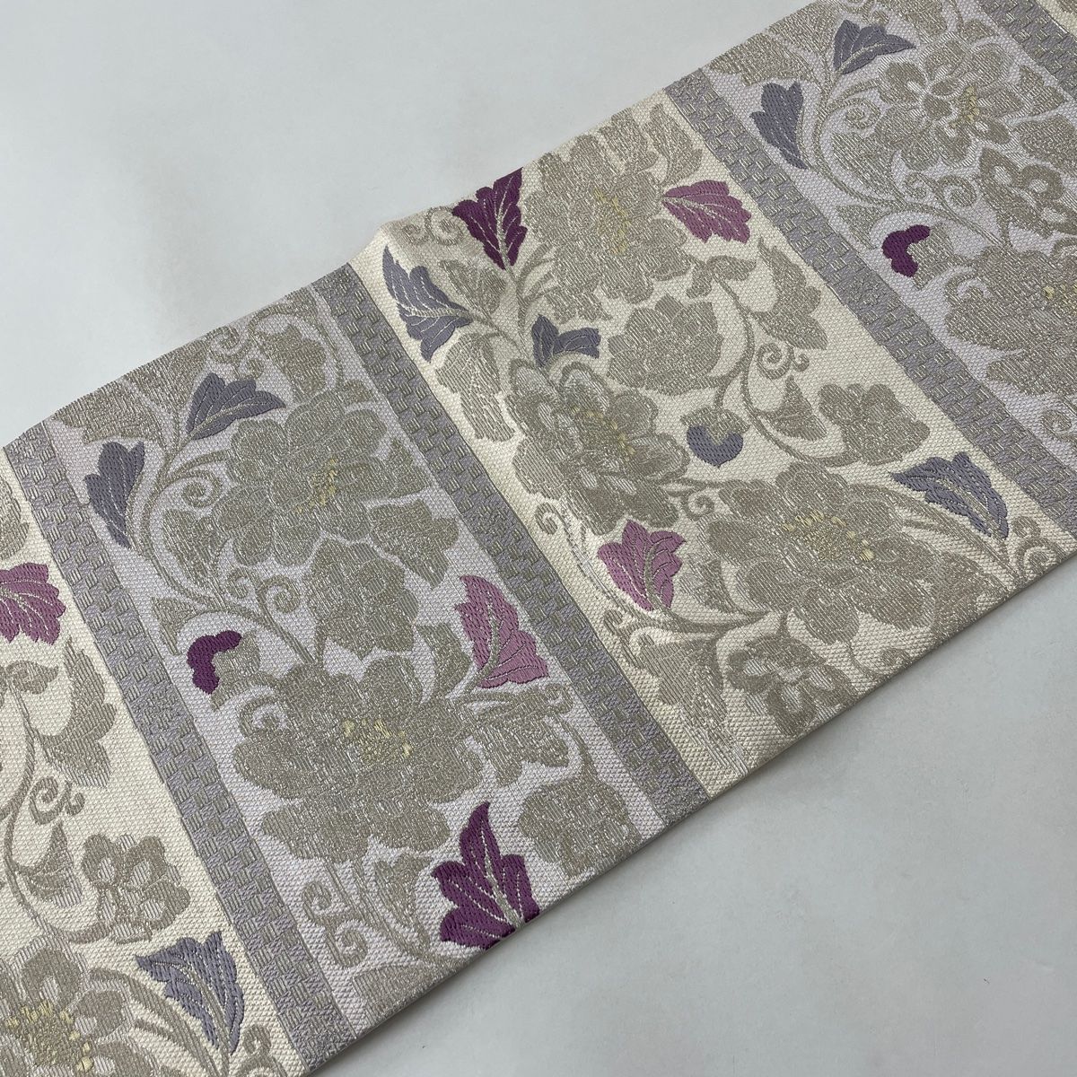 袋帯 美品 名品 草花 市松 金銀糸 灰紫 六通 正絹 中古