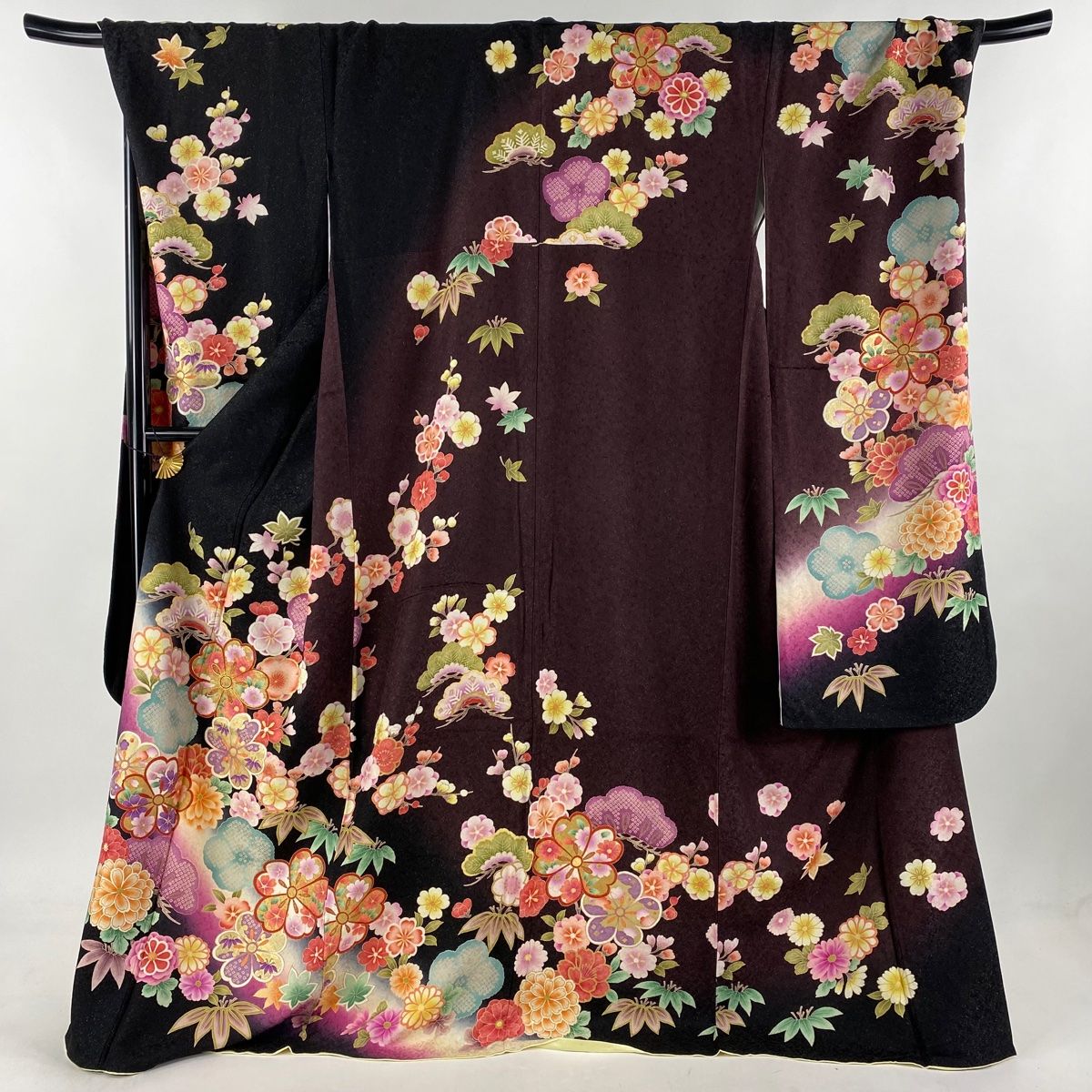 振袖 身丈174.5cm 裄丈75cm L 袷 松竹梅 銀通し 金糸 黒 正絹