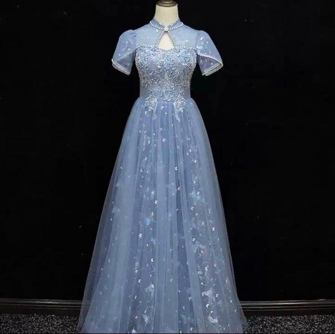 パールにオーロラの蝶がゴージャスな半袖 イブニングドレス パールにオーロラの蝶がゴージャスな半袖 イブニングドレス