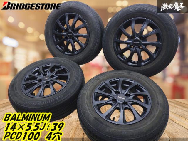 【BRIDGESTONE バルミナ 】14インチ 5.5J +39 PCD100 4穴 マットブラック【4本】+夏タイヤ 185/70R14 ノート クルー キューブ 棚W-3