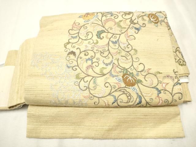 平和屋着物●中国三大刺繍 相良刺繍 総刺繍 ワンタッチつけ帯 紬地 花唐草文 浅黄色 金糸 正絹 CAAX1548hy