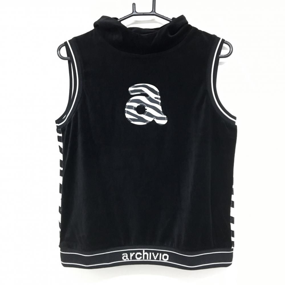 超 アルチビオ アウターベスト 黒×白 ベロア 背面ゼブラ柄 パーカー風 レディース 40 L ゴルフウェア archivio