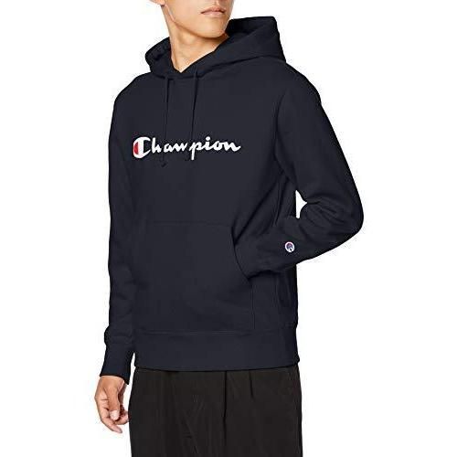 チャンピオン(Champion) 裏毛 長袖 綿100% スクリプトロゴプリントフーデッドスウェットシャツ C3-Q102 メンズ ネイビー Mサイズ