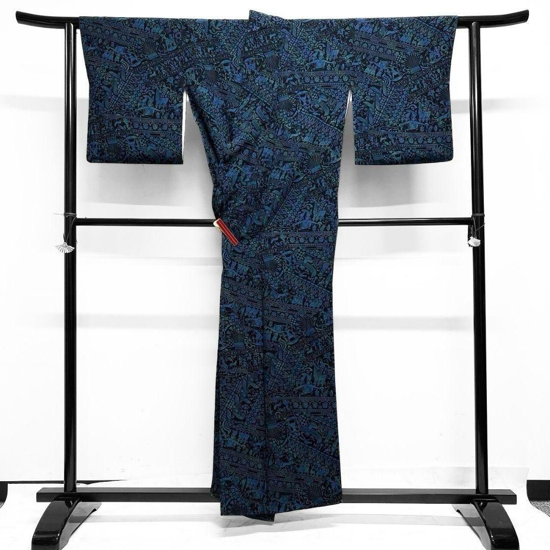 裂取り 未着用 七宝 梅花 桔梗 ダークカラー 小紋 着物 102a p