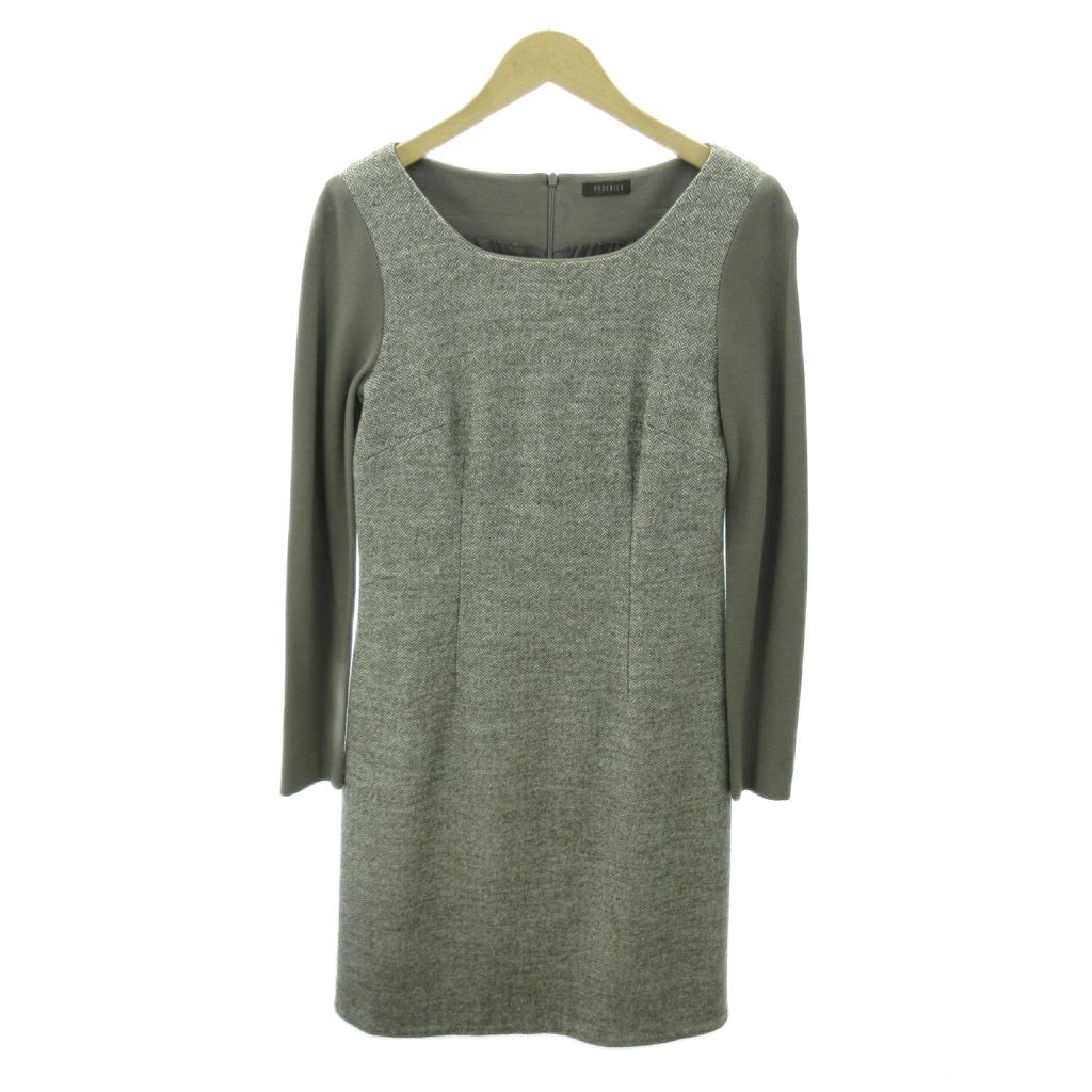 ペセリコ PESERICO ニット ワンピース ヘリンボーン 長袖 ひざ丈 42 ベージュ 1022