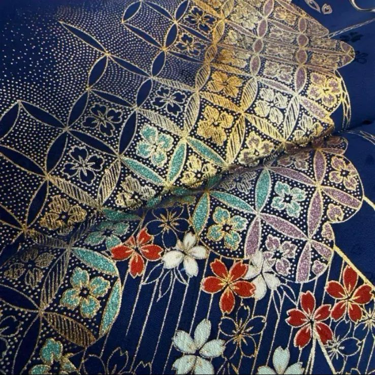 振袖フルセット(7点)・濃紺・古典柄・金駒刺繍・飛鶴・舞桜