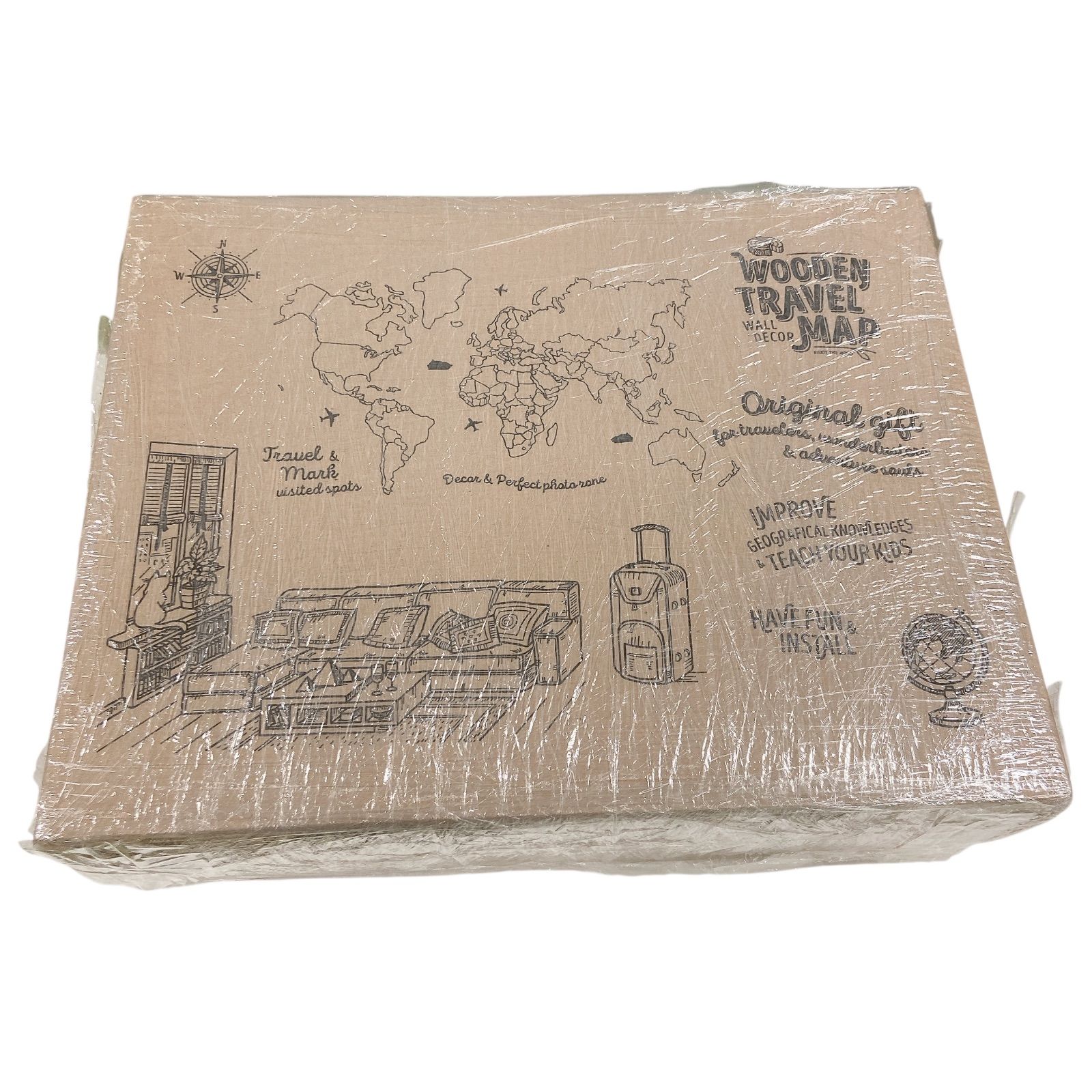 AT-164 3D Wood World Map 壁掛け木製世界地図 plywood English Lサイズ ピン 15個