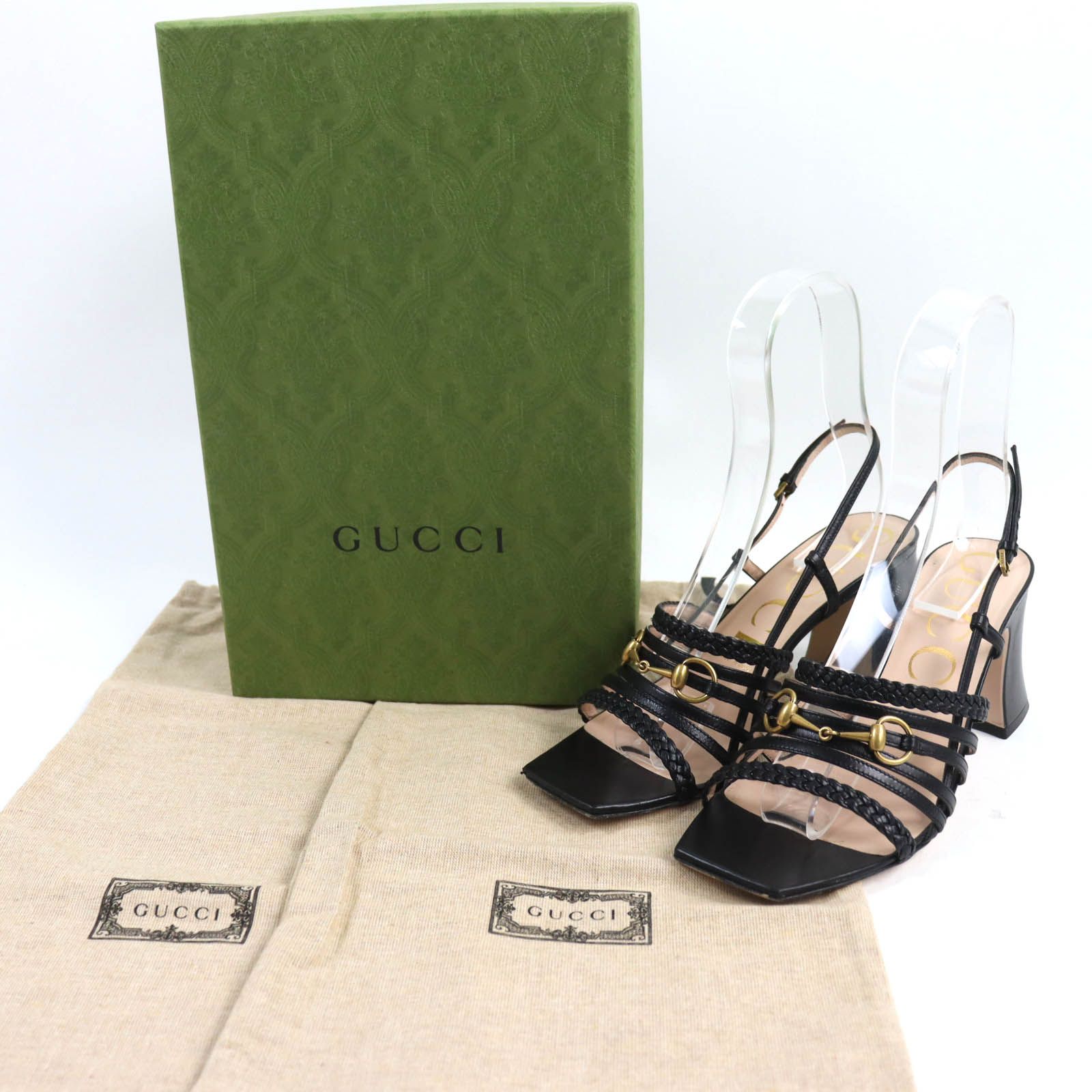 美品☆GUCCI グッチ ホースビット チャンキーヒール バックストラップ レザー サンダル ブラック ゴールド金具 38 箱・保存袋付き イタリア製  レディース - メルカリ