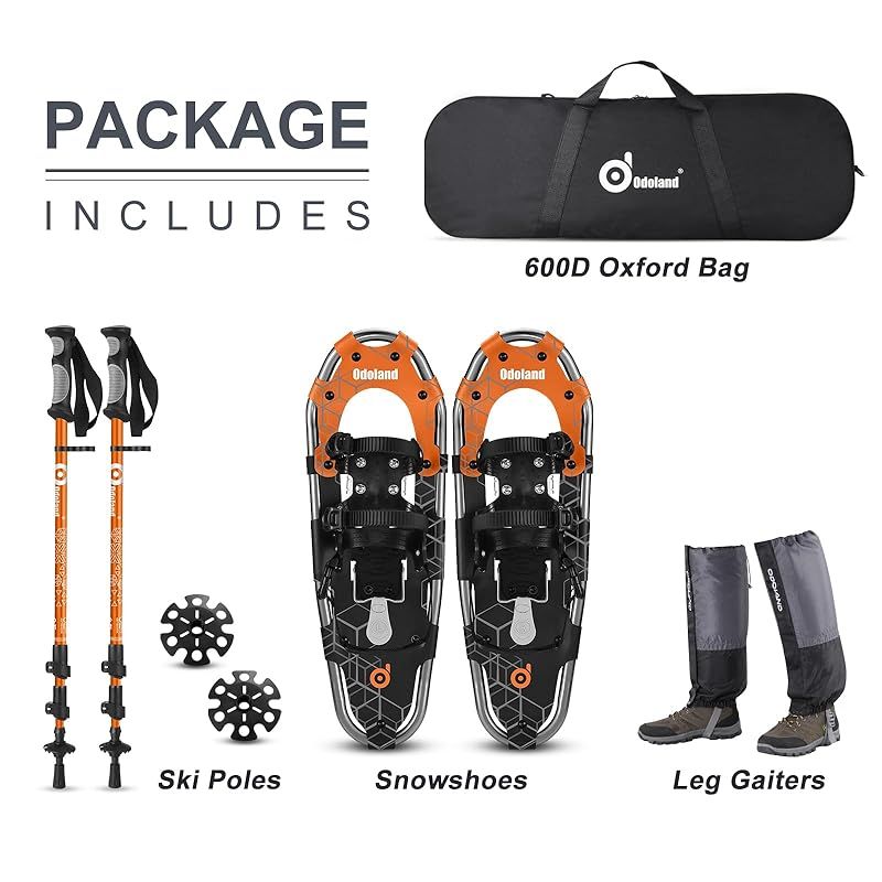Odoland 4-In-1軽量スノーシューセット トレッキングポール スノーシュー 防水スノーゲーター 収納袋付き 男女兼用 着装簡単 アルミフレーム オレンジ黒 M 0 OLIVEOS_COM_TR