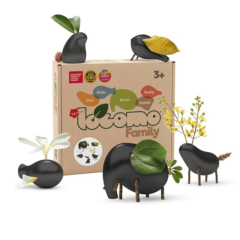 Taksa Toys ロコモファミリー ブラック 5体セット - モンテッソーリ ウォルドルフ 木製動物フィギュア 3歳から7歳以上用