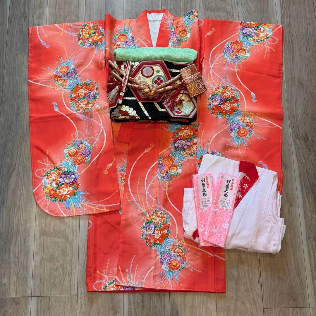 V超 七五三 7歳 フルセット 女の子 子供 着物 襦袢 オレンジ ピンク