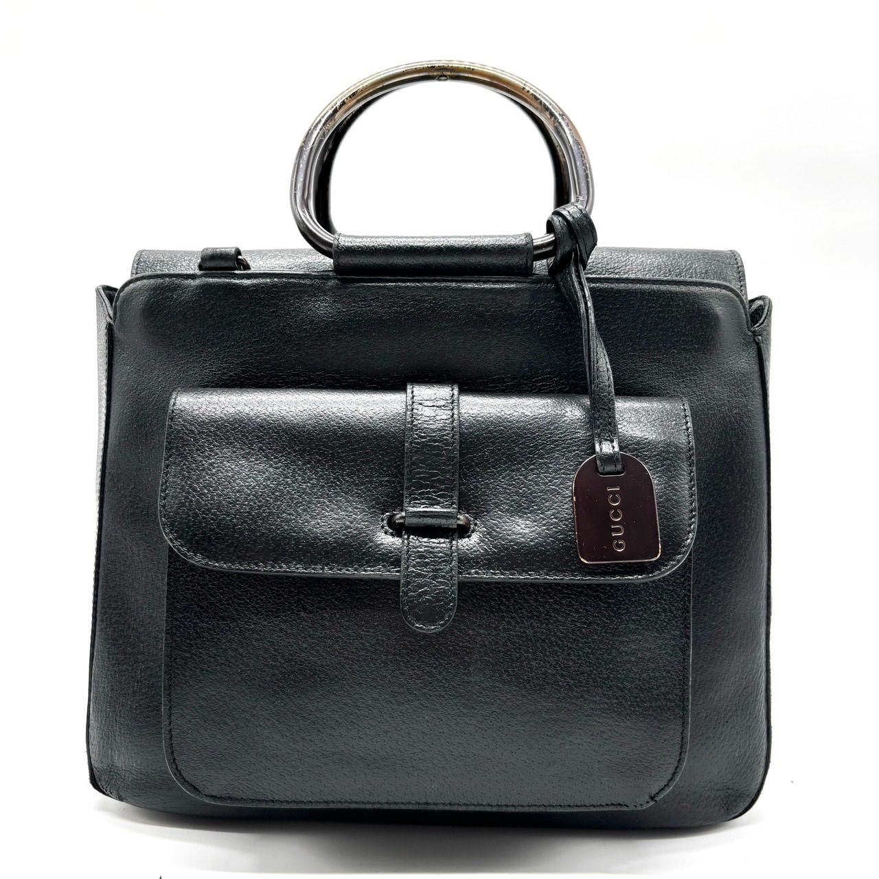 GUCCI レザー ショルダーバッグ ヴィンテージ メタルハンドル ブラック