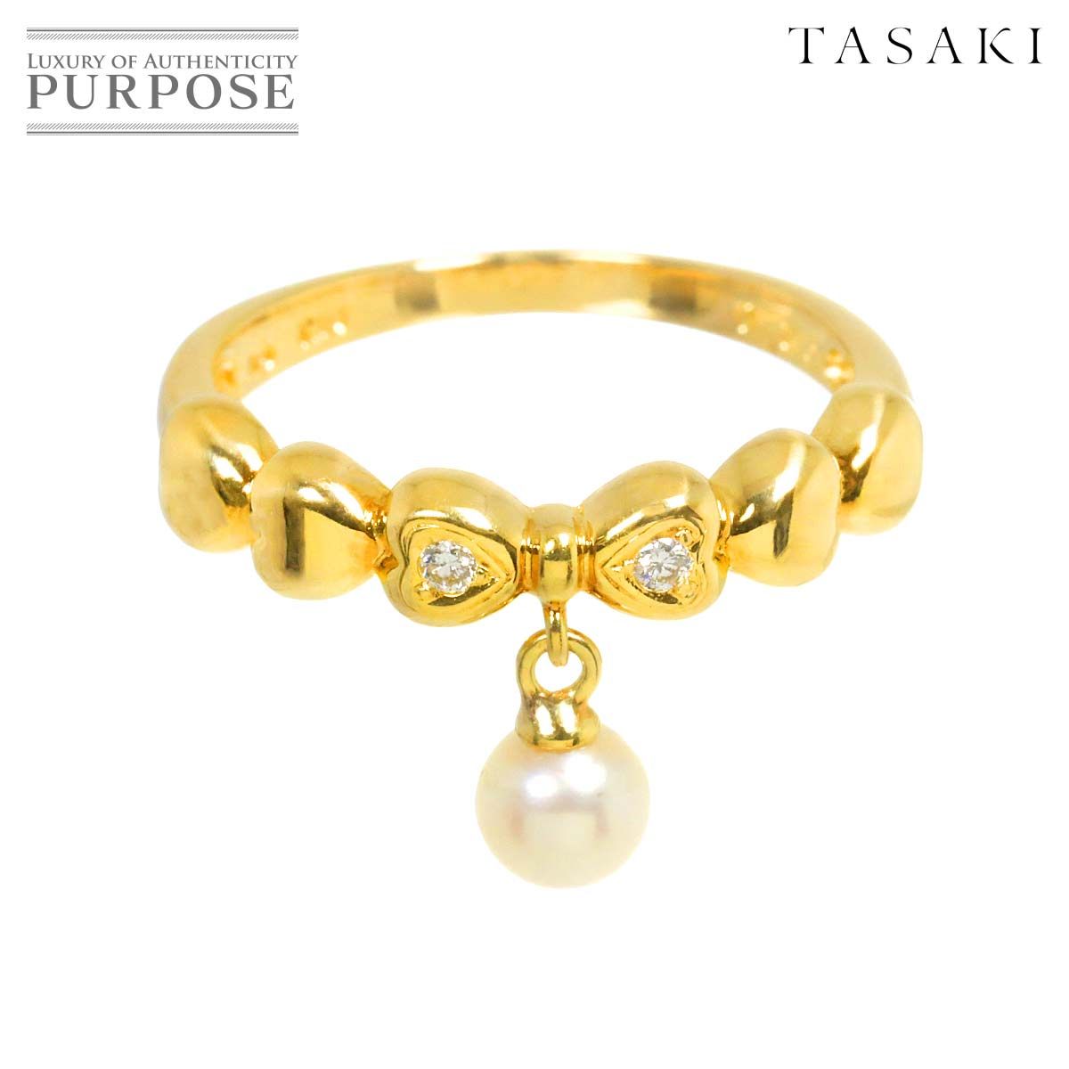 タサキ TASAKI 11号 リング アコヤ真珠 4.5mm ダイヤ 0.02ct K18 YG イエローゴールド 750 パール 指輪 リボン Akoya pearl Ring 90282469
