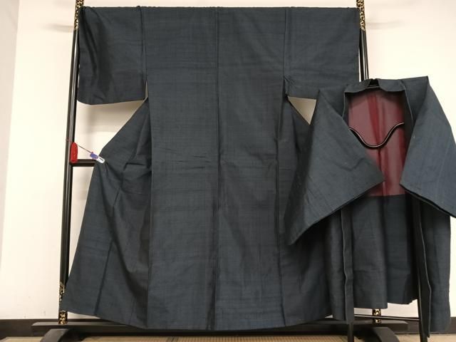 平和屋着物●男性 紬 アンサンブル 色無地 留紺色 キングサイズ 正絹 AABA5022np