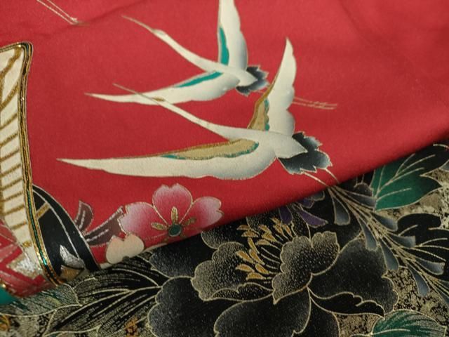 平和屋着物○豪華振袖 駒刺繍 飛鶴御所車花文 暈し染め 金銀彩