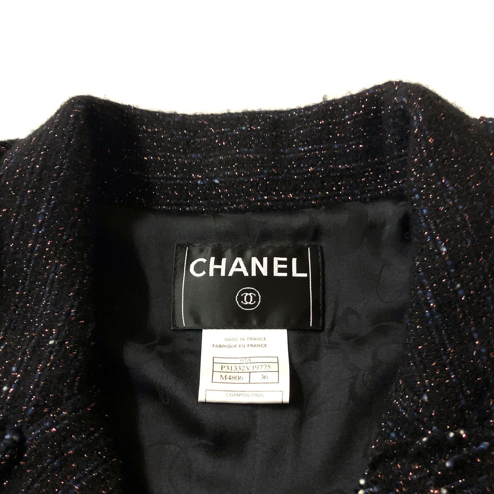 【美品】07AW CHANEL シャネル グリポア コート ジャケット カシミヤ混 ウール ラメ糸 編み込み ブローチ付 36 07A M4806  P31332V19775