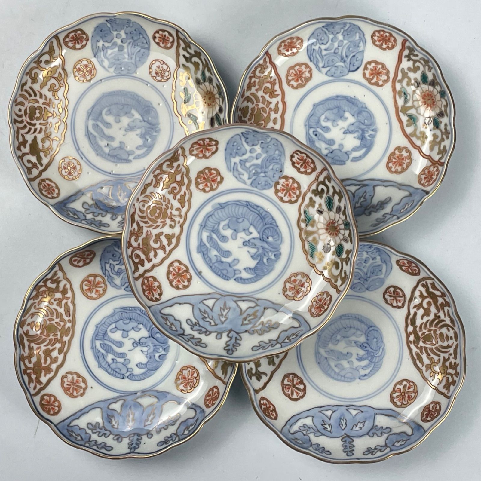 古伊万里 赤絵金彩皿2客 幅24cm 古伊万里 赤絵金彩麒麟図 八 古伊万里