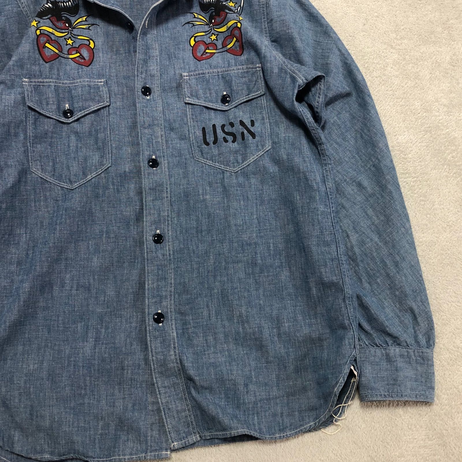 REAL McCoyOVERALLS CO シャツ　両ポケット　USN プリント OPEN-COLLAR SHIRT / FOURTH BUT FIRST