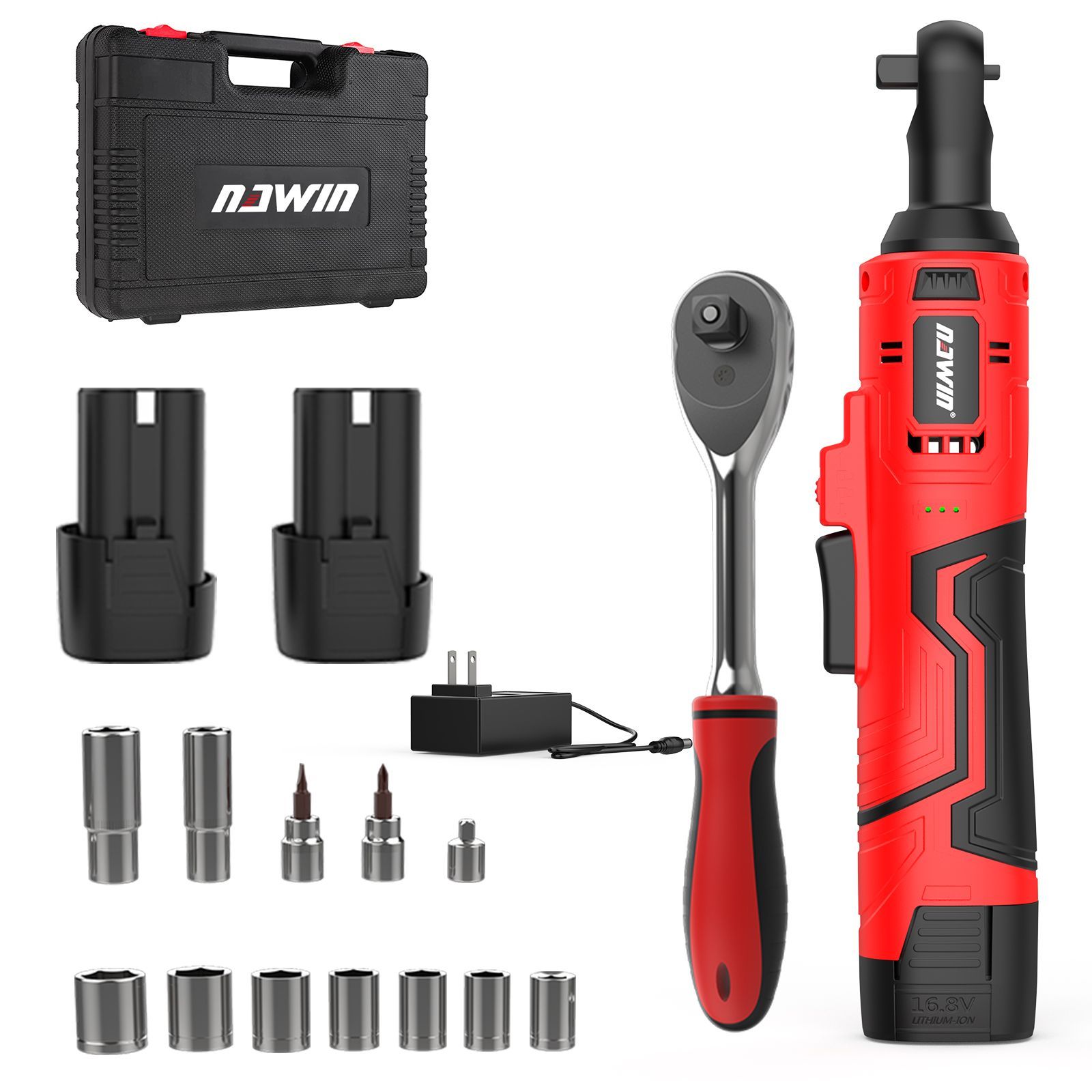 ナウィン 充電式ラチェットレンチ 16.8V コードレス 電動ラチェットレンチ ソケットレンチセット ガレージツールセット最大トルク 55Nm 現場改装 足場の組立 自転車修理 LEDライト 差込角3|8 無段変速 正逆転両用 豊富な付属品 収納ケース