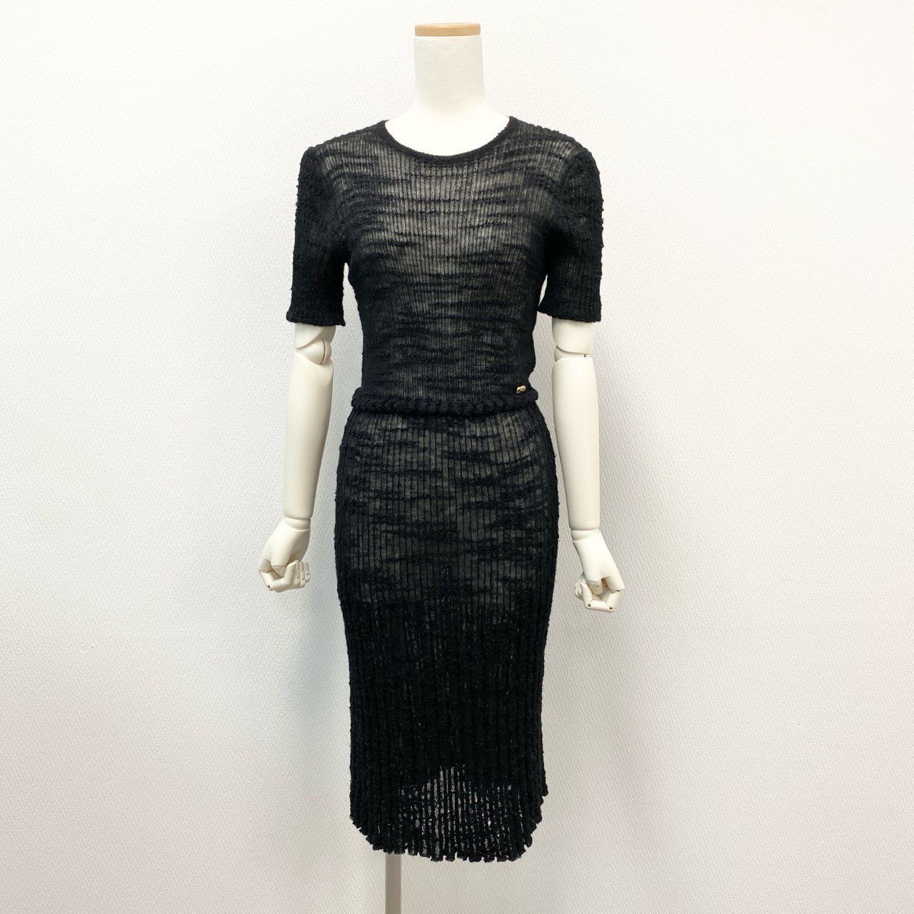 34i18 CHANEL シャネル アルパカ メッシュニット ドレス ワンピース P54426K07088 38 ブラック ALPACA KNIT DRESS ゴールドチャームt18r