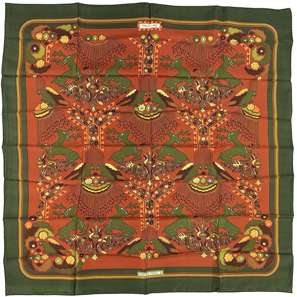 エルメス HERMES スカーフ カレ90 TALLY-HO レディース ブランド シルク グリーン レッド グリーン系 アニマル 動物 ヴィンテージ 【】