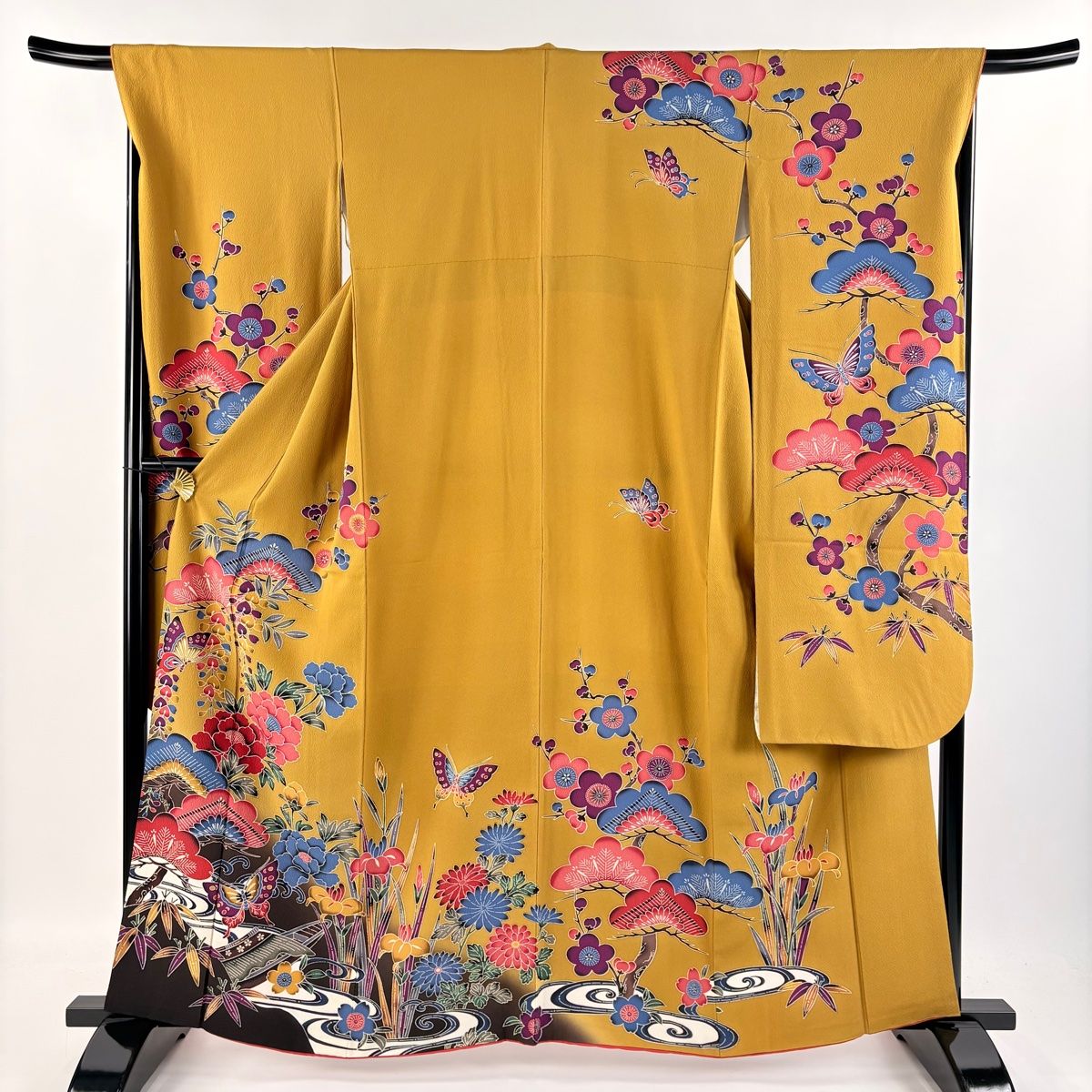 振袖 身長158-173cm 黄 矢絣 牡丹 松竹梅 正絹 振袖 身丈161cm 裄丈68.5cm L 袷 牡丹 松竹梅 縮緬 松竹梅 山吹