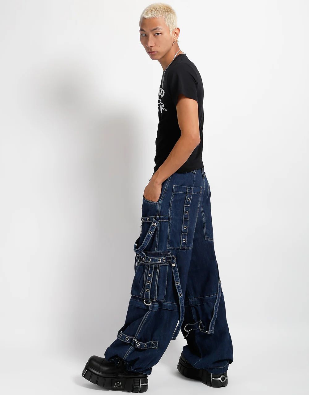 TRIPP NYC ワイド　カーゴパンツ 国内発☆TRIPP NYC X-STRAP PANT FOG WASH BLACK DENIM(JM7144MB