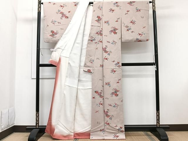 正絹 鬼しぼ縮緬 更紗花鳥文 Blue Green S size 超美品 紬 身丈