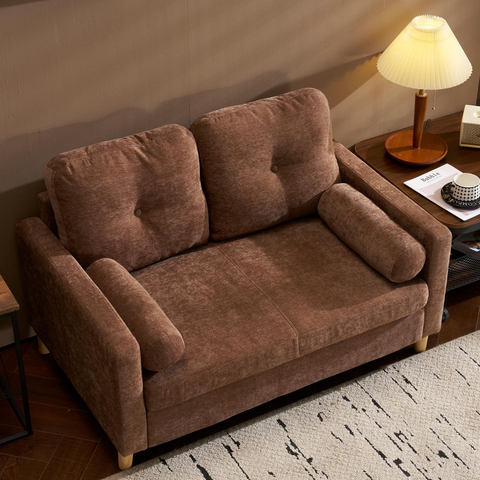 sofa 天然木脚 弾力 傷防止フェルト付き カウチソファー ダークブラウン レイアウト自由 肘付き 北欧 ヘッドソファー ローソファ 取り外し な背もたれ クッション付き 幅116.5×奥行き53 2人掛け ソファー オーエスジェイ OSJ