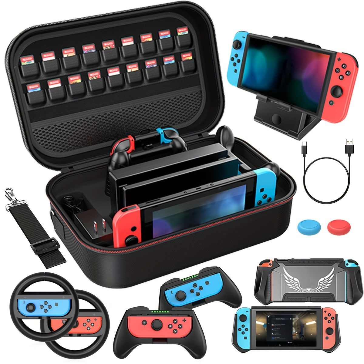 12 In 1For Switchハンドヘルド大容量アクセサリー収納バッグトラベルバッグセットショルダーストラップ付きバレンタインデー クリスマス 新年のギフトに最適