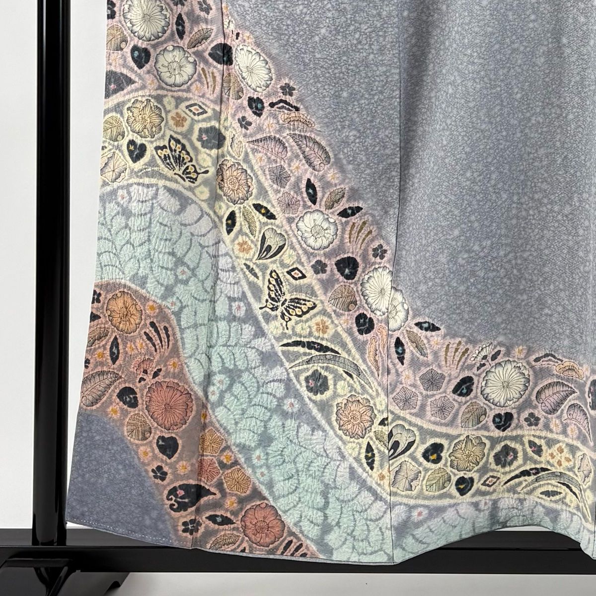 訪問着 身丈156.5cm 裄丈64cm M 袷 落款 辻が花 蝶 ぼかし 染め分け 灰色 正絹 名品