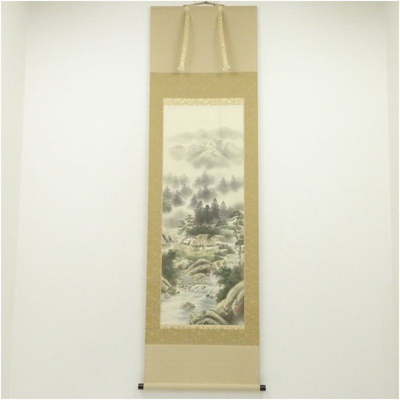 棚橋玄道筆 四神相応山水 肉筆絹本掛軸（共箱）掛け軸 床の間 書