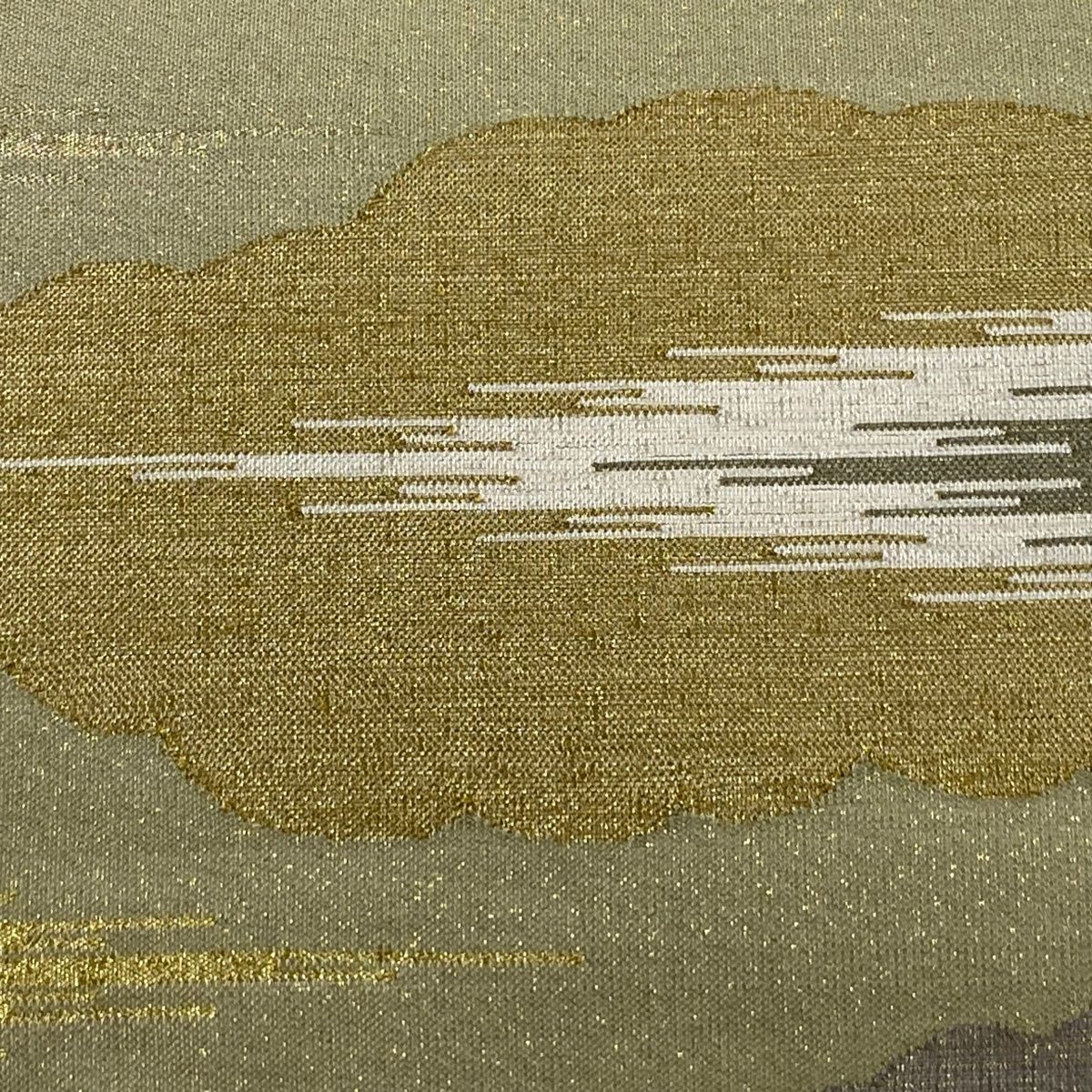 袋帯 綴れ 金糸銀糸 雲取り模様 緑色x金色x銀色 お太鼓柄 正絹