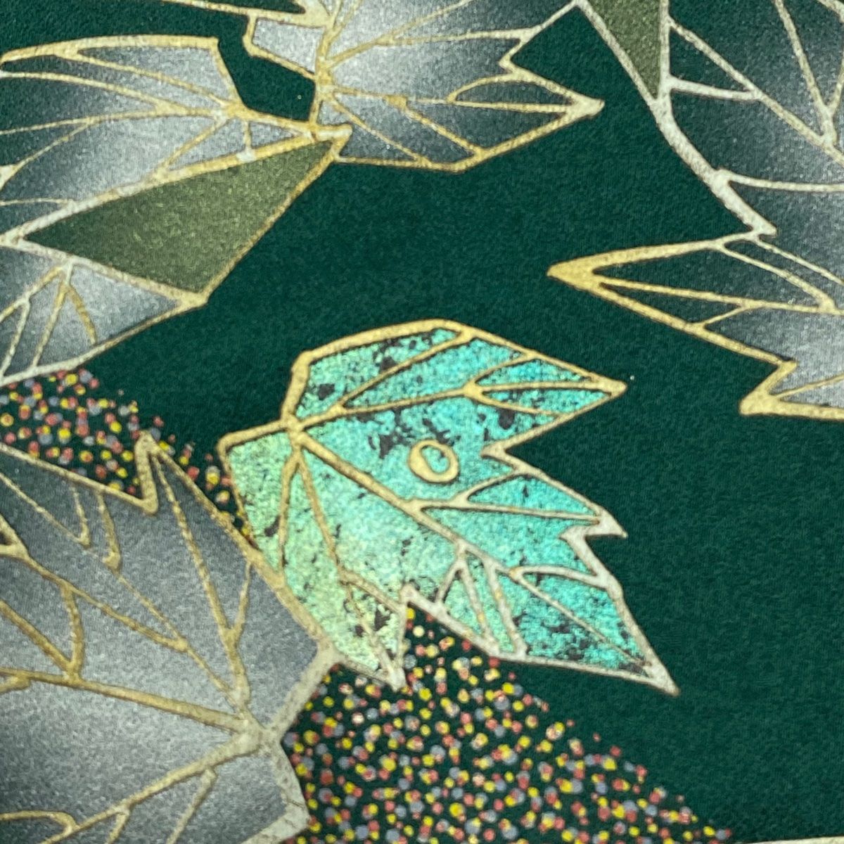 振袖 身丈164.5cm 裄丈71cm L 袷 花丸文 葉柄 金糸 刺繍 緑 正絹