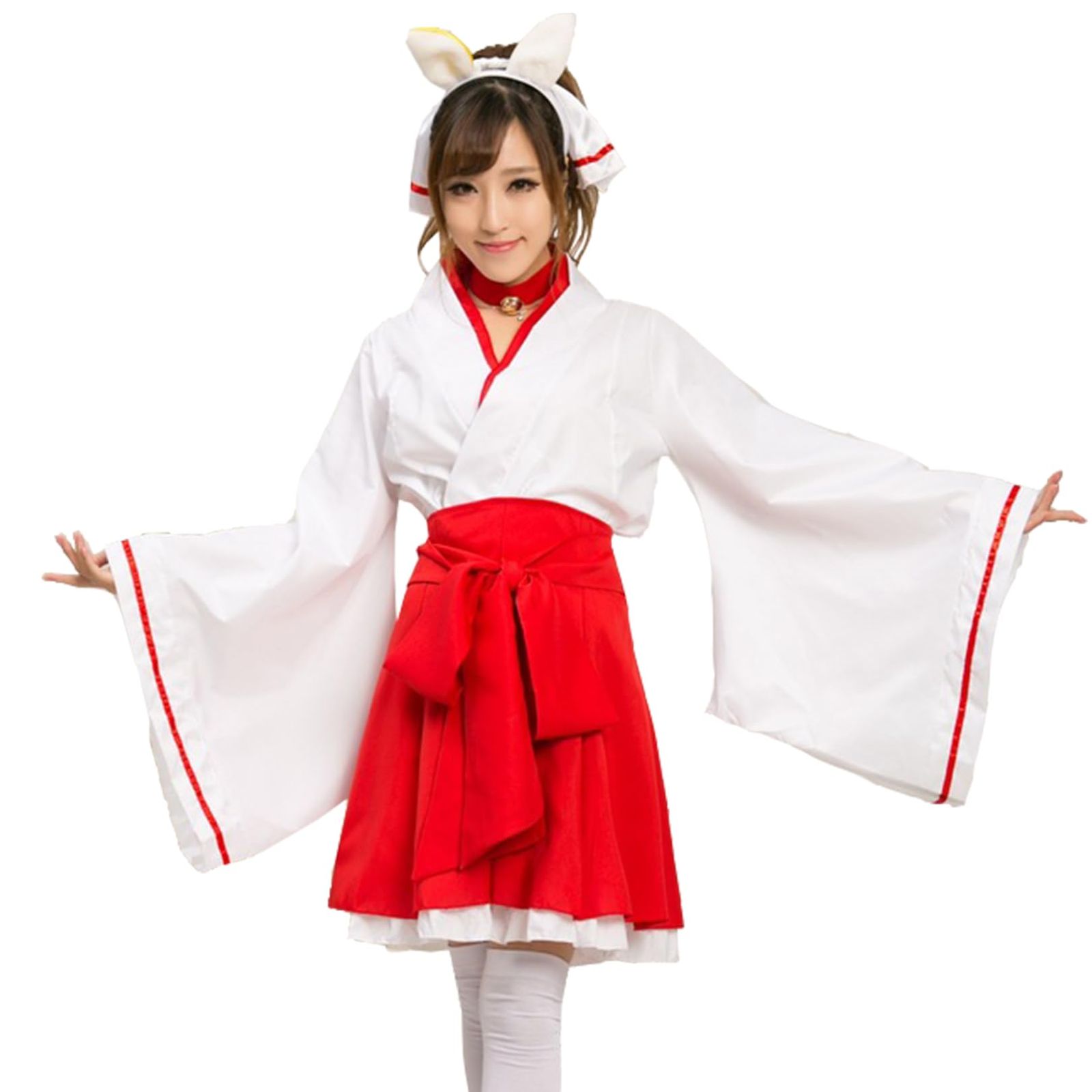 [sac taske] 巫女 コスプレ 衣装 和服 ロリータ 萌え 袴 和装 巫女服 仮装 ハロウィン (L 6点セット) [L 6点セット]
