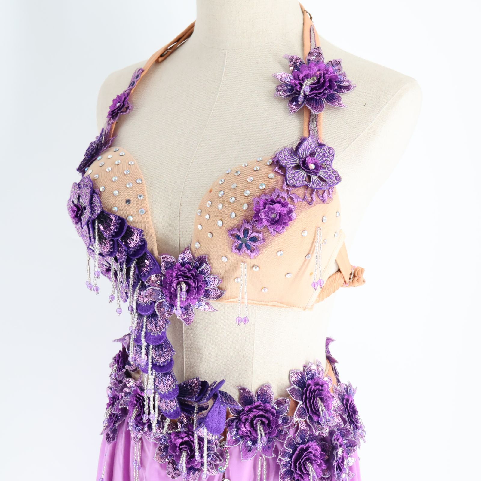 ベリーダンス用 オリエンタル衣装】パープル ラインストーン