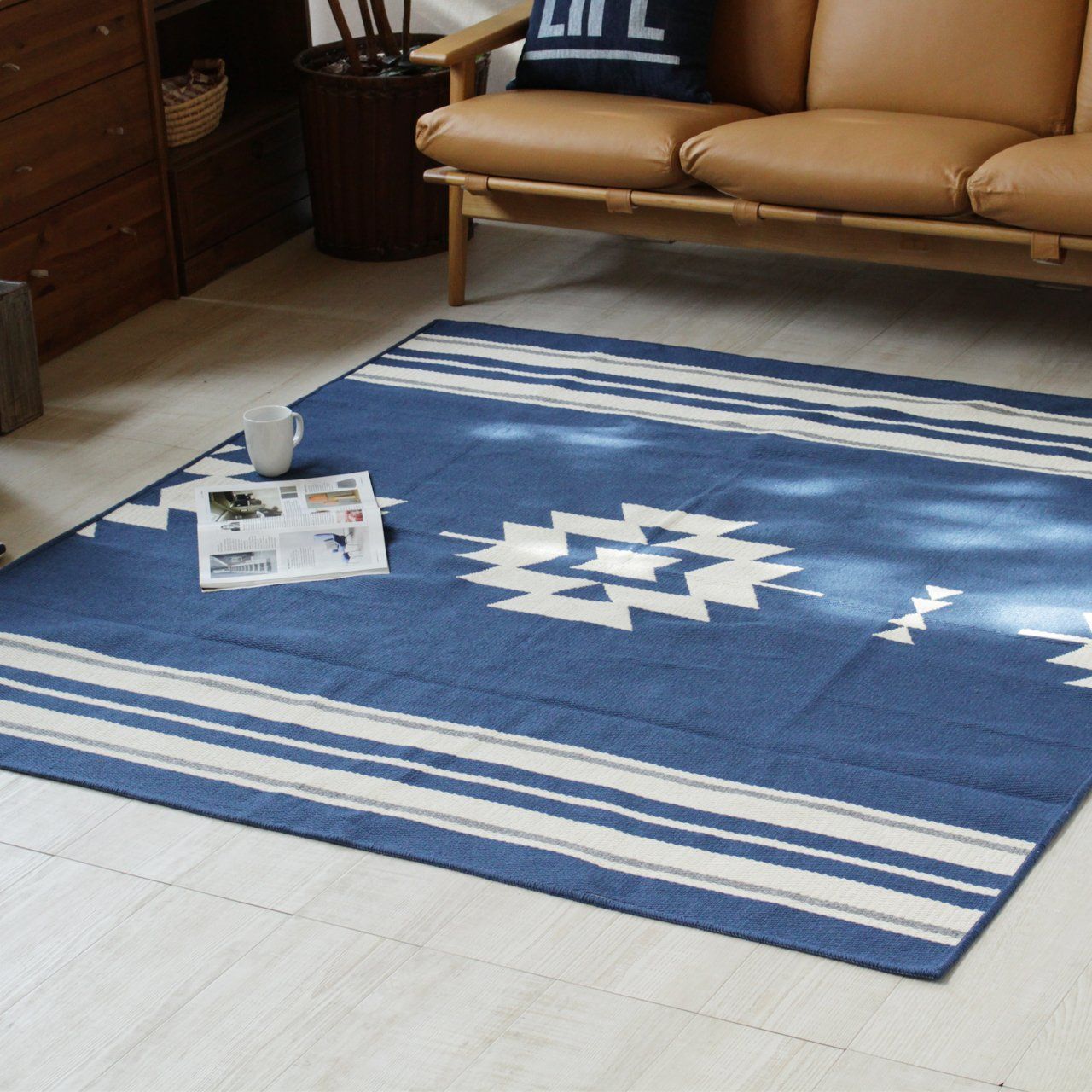 【新着商品】ラグ マット キリム柄 綿混ラグ (ブルー 【洗える】国産 130×176cm) 中商事(Naka)