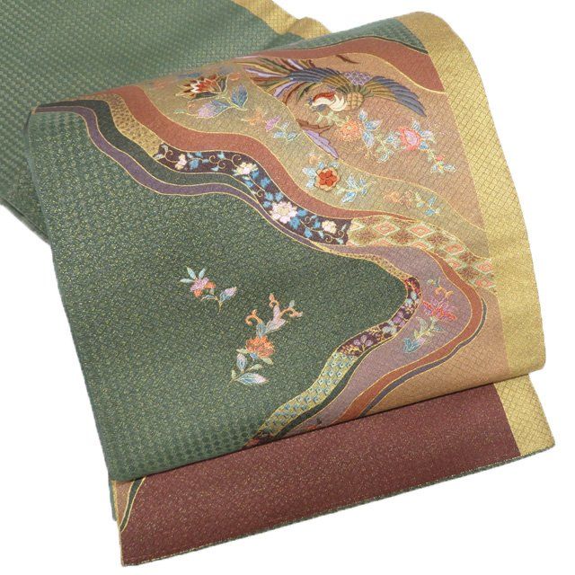 袋帯 蜀甲花鳥文 色鮮やかな花模様 向い鶴 金糸 O-3125 袋帯 蜀甲花鳥文 色鮮やかな花模様 向い鶴 金糸 O-3125 着物・浴衣
