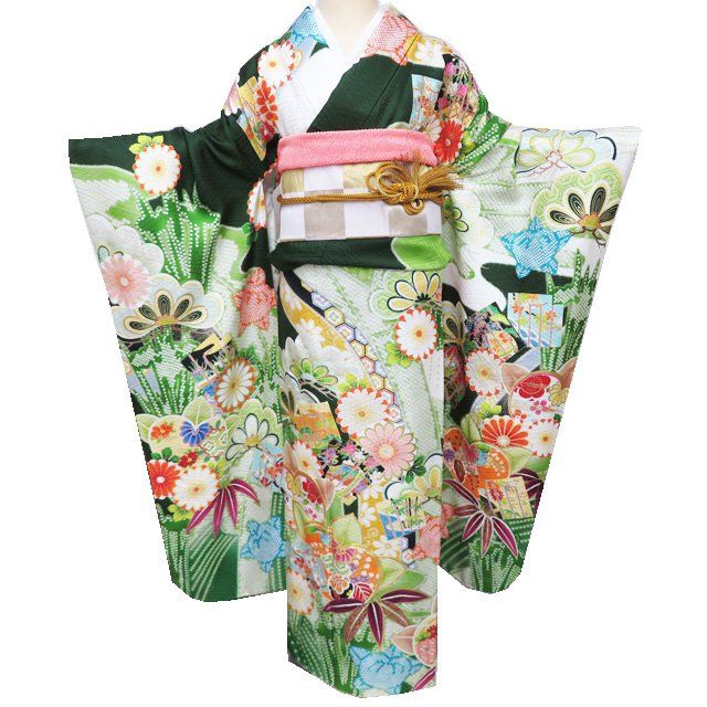 D425 振袖　花車　流水　金駒刺繍　正絹　着物　袷　極美品 振袖 着物 中古 正絹 金駒刺繍 流水に花模様 源氏香 地模様 白色
