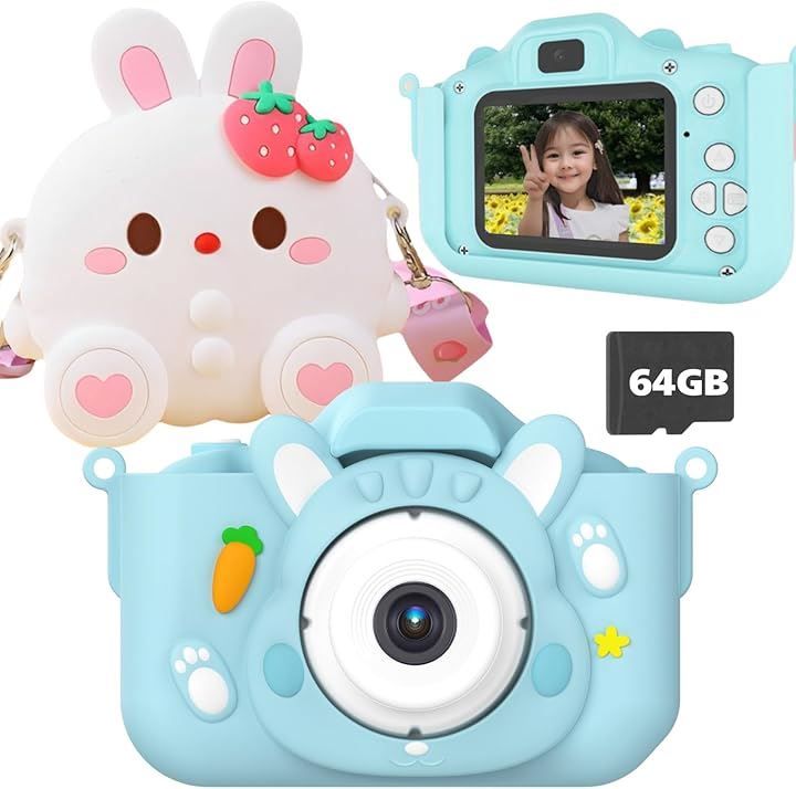 popoma 64GB ポシュエット付きキッズカメラ トイカメラ 子供用カメラ ゲーム機能 音楽プレーヤー インカメラ搭載 8倍ズーム プレゼント 女の子 男の子(ブルー，  01.単品)