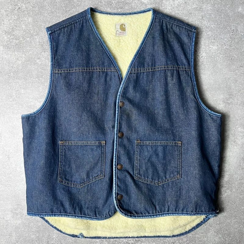 濃紺 70s USA製 Carhartt ボア ライナー コットン デニム ベスト XL 
