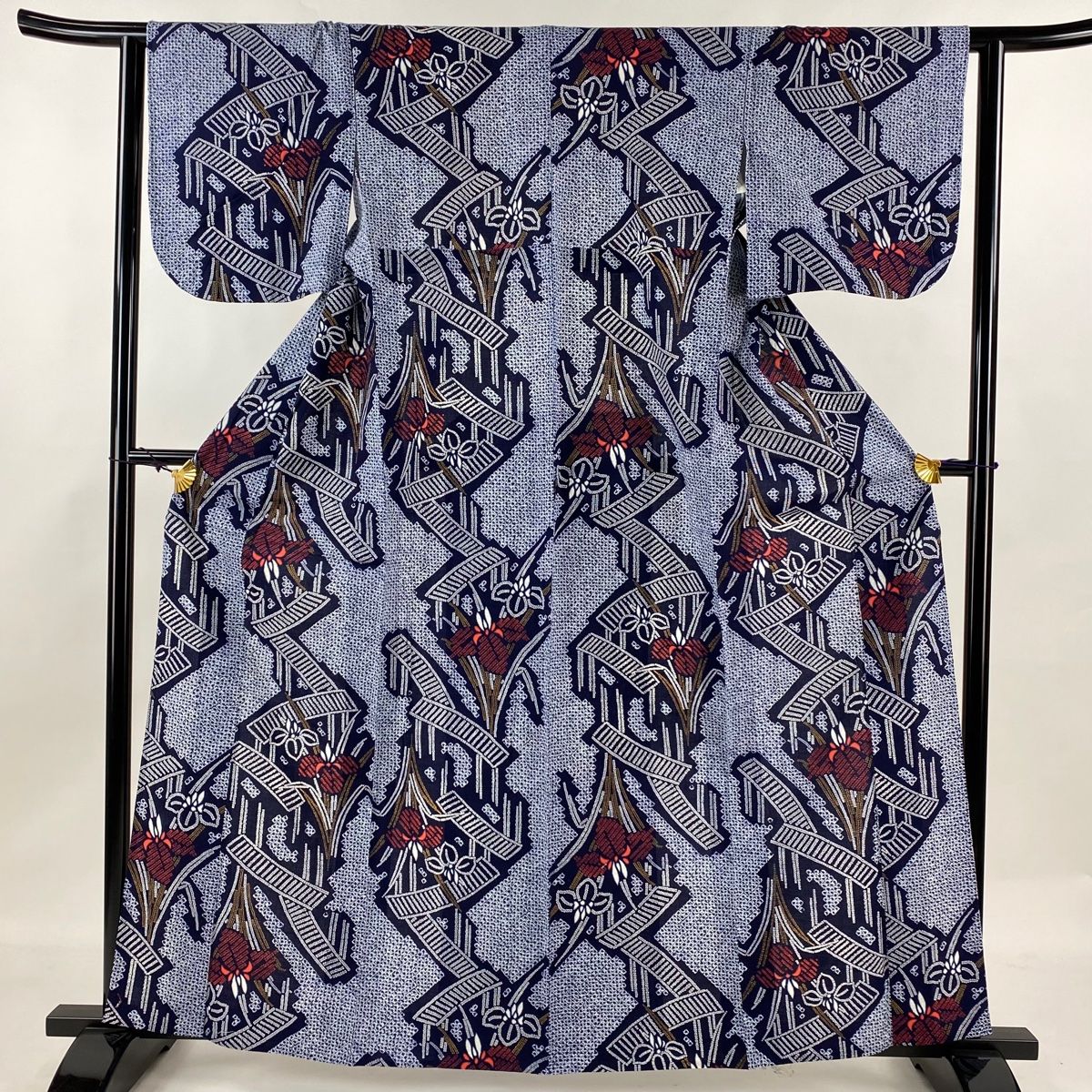 浴衣 身丈165cm 裄丈67cm M 絞り浴衣 草花 幾何学模様 濃紺 綿 名品  