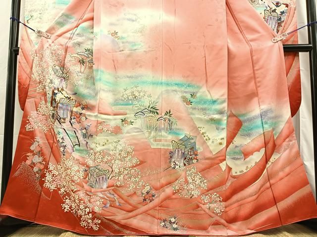 平和屋着物□豪華振袖 駒刺繍 束ね熨斗御所車桜文 たたき染め 平和屋着物□豪華振袖 駒刺繍 束ね熨斗御所車桜文 たたき染め