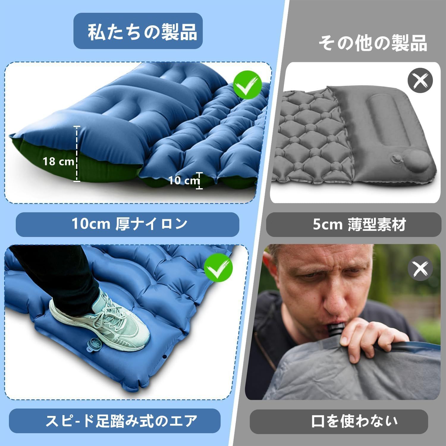 在庫処分 防水 キャンプ用品 防潮 マット 防災 車中泊 キャンプマット枕付き 携帯便利 2人用 収納袋付き 厚くする 足踏み式 エアーベッド ブルー エアーマット