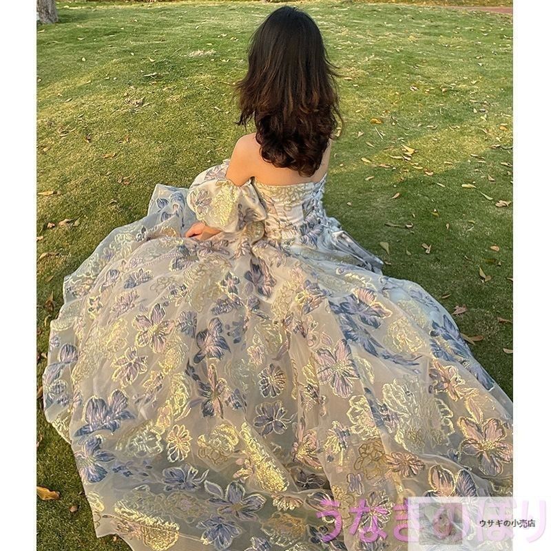 カラードレス 編み上げ ブルー ベルスリーブ ロングドレス 結婚式 二次会 発表会 演奏会 ウェディングドレス ウエディングドレス 花嫁 前撮り プリンセスドレス 花柄 きらきら 0882